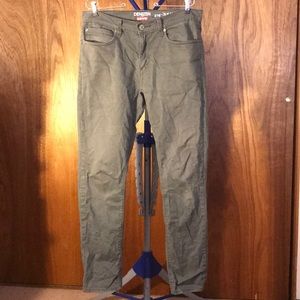 Gray green pants.
